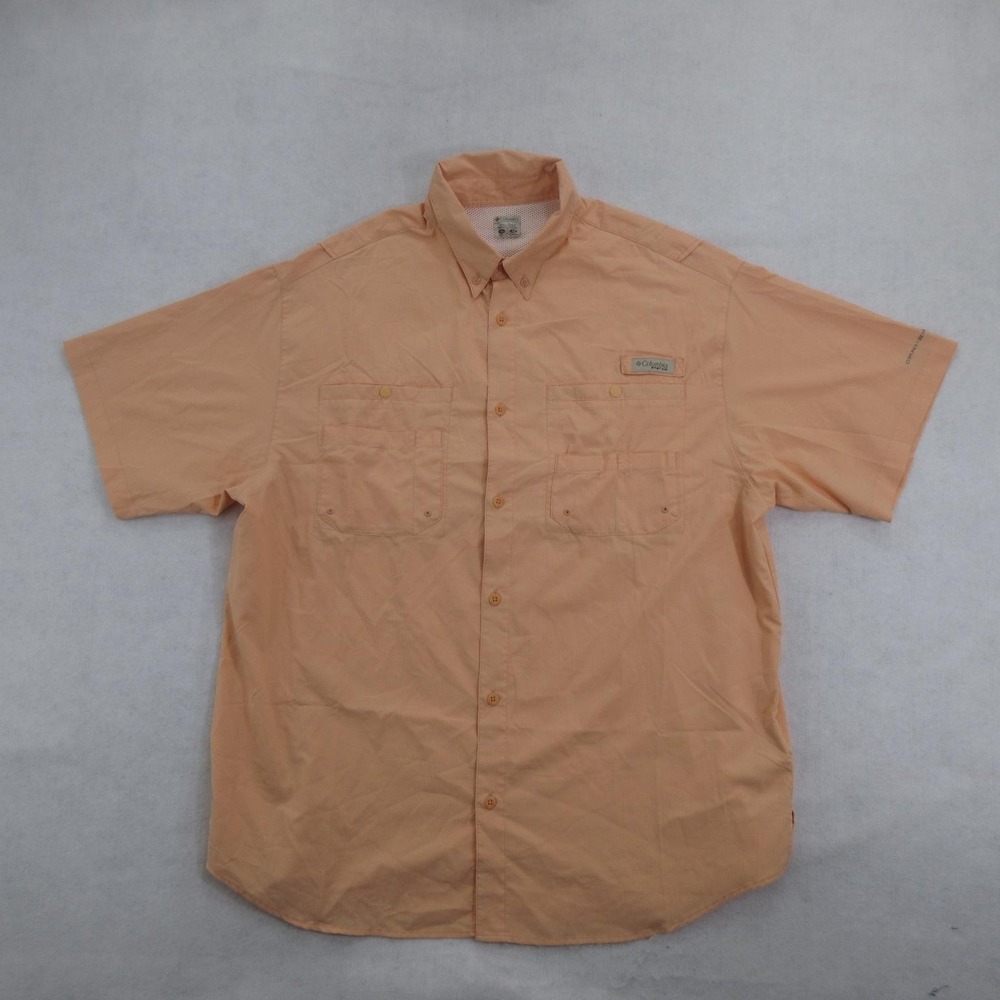Columbia Mens Button Up Shirt XL Orange Short Sleeve PFG Omni-Shade Fishing